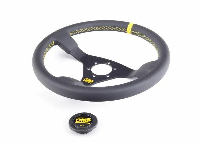 OMP】WRC ステアリングホイール 350mm(ブラックレザー/イエローステッチ)